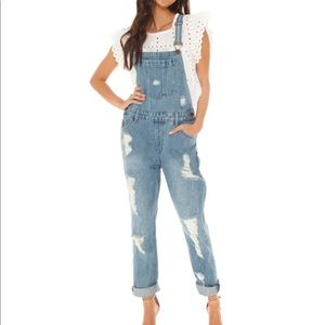 Show Me Your Mumu Alma Denim Overalls Distressed Pitch Blue Womens Small S